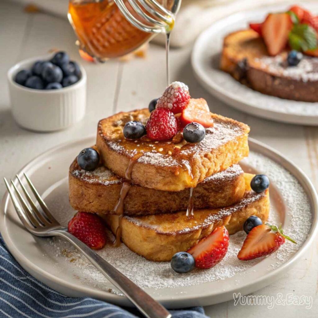 Golden brioche French toast with syrup and berries