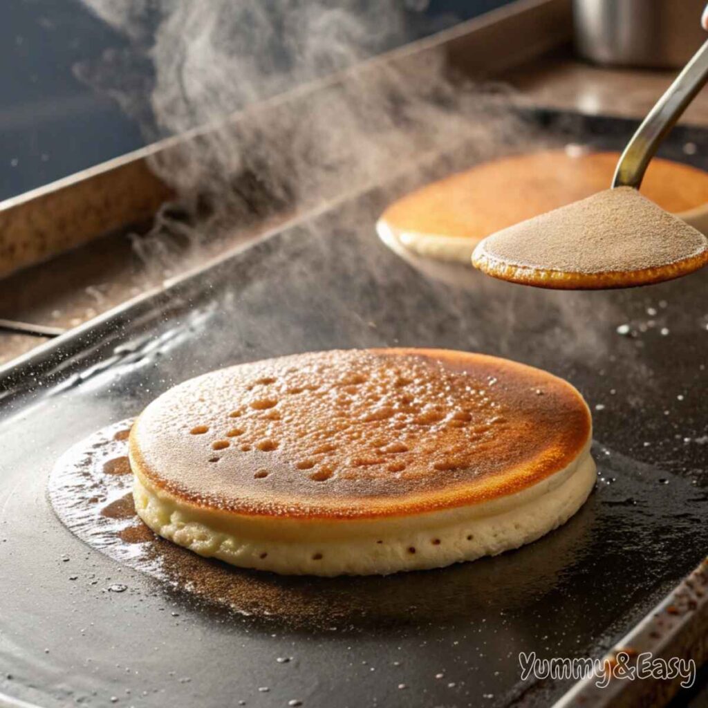 Flipping a perfectly golden pancake on a griddle.