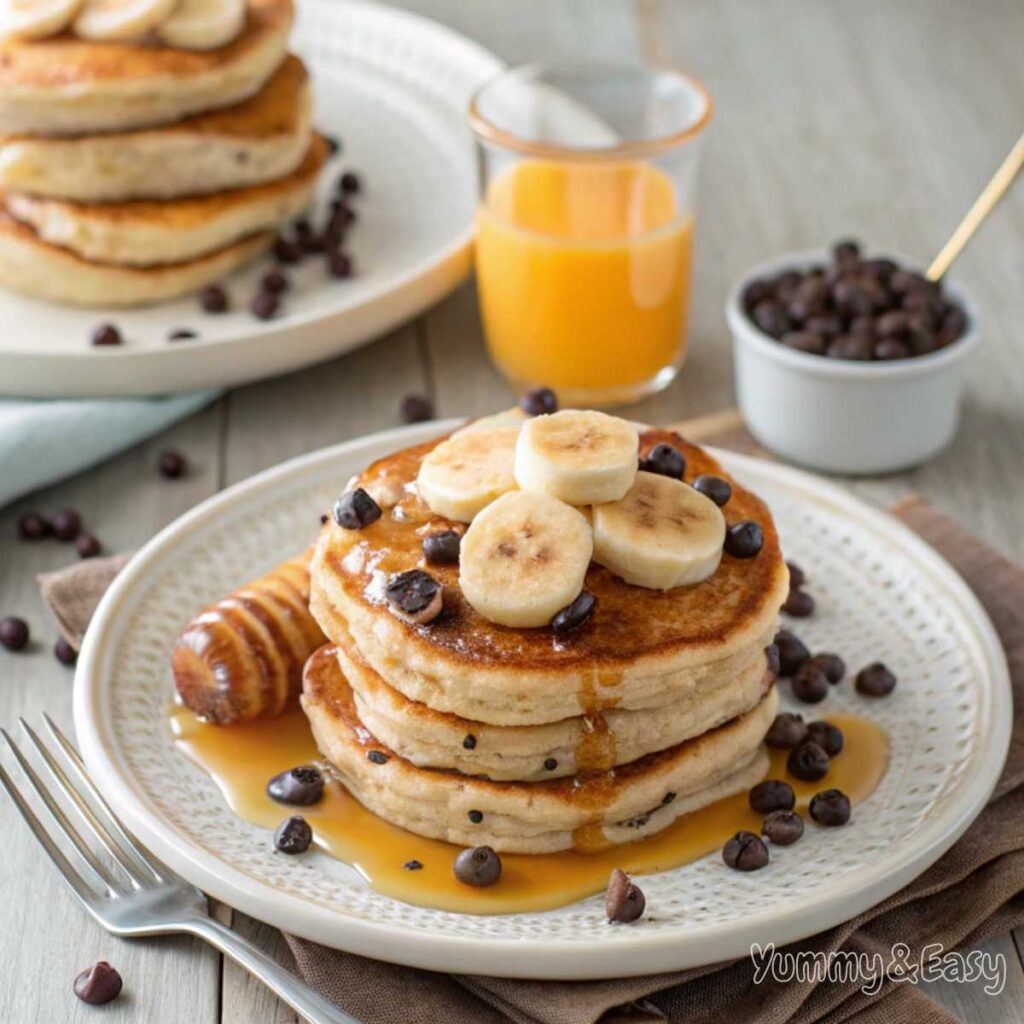 Bisquick pancakes topped with bananas, chocolate chips, and honey.