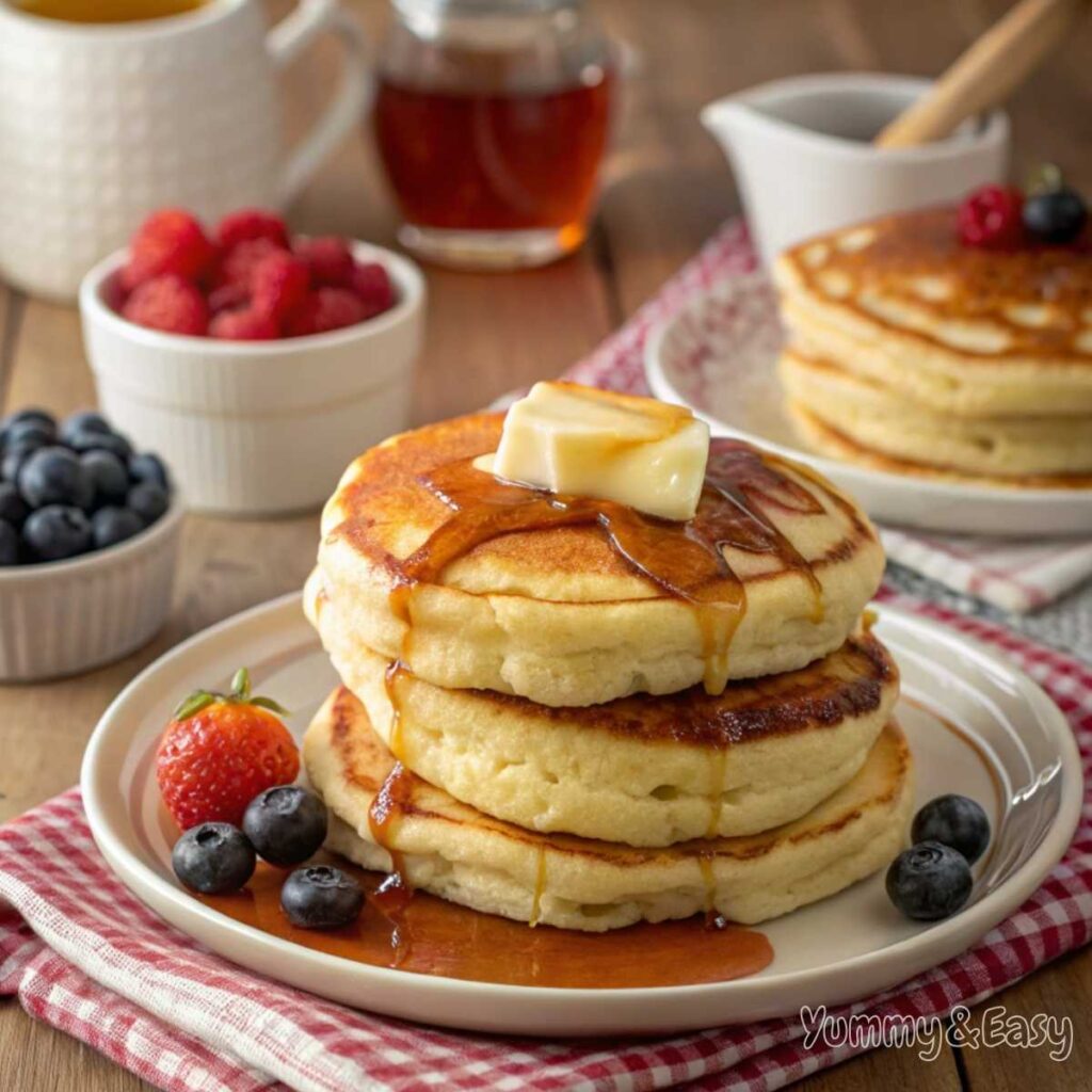 Golden fluffy Bisquick pancakes recipe with syrup and butter.