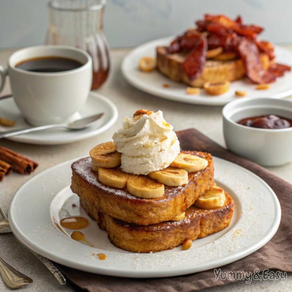 Stack of brioche French toast with whipped cream and bananas.