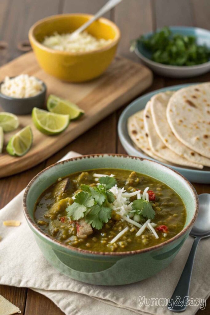 Green chili stew served with tortillas and lime wedges.