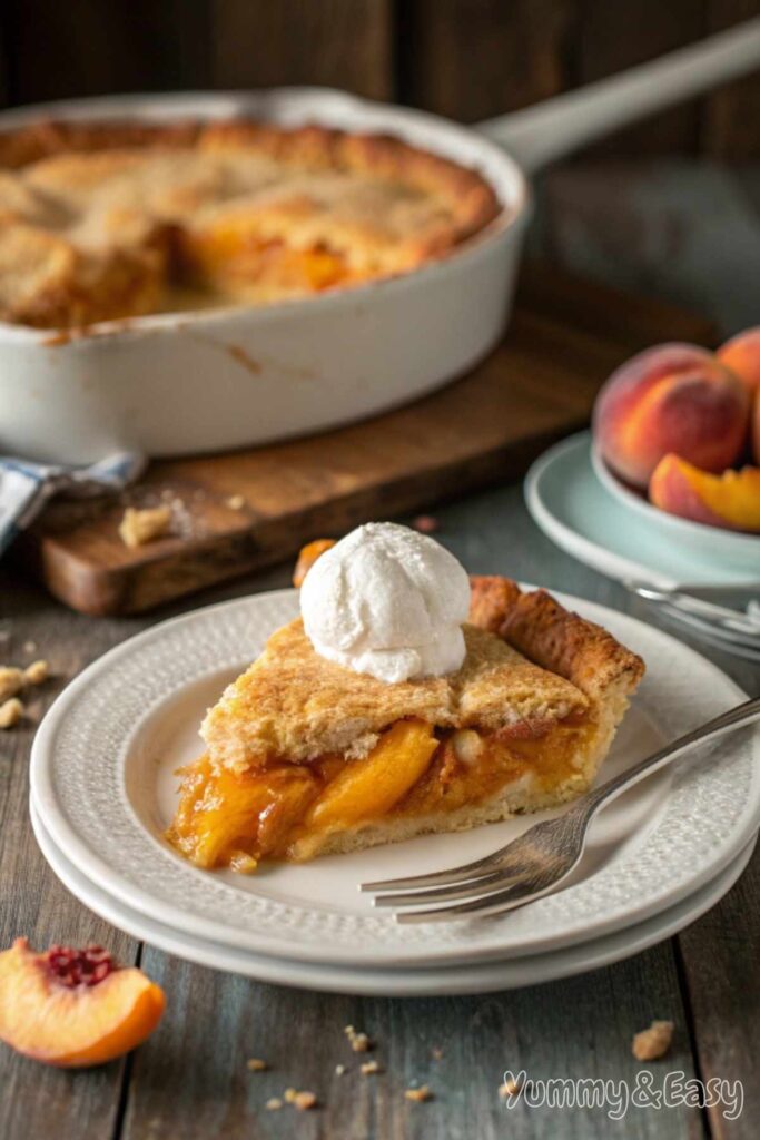 A slice of peach cobbler with whipped cream on top