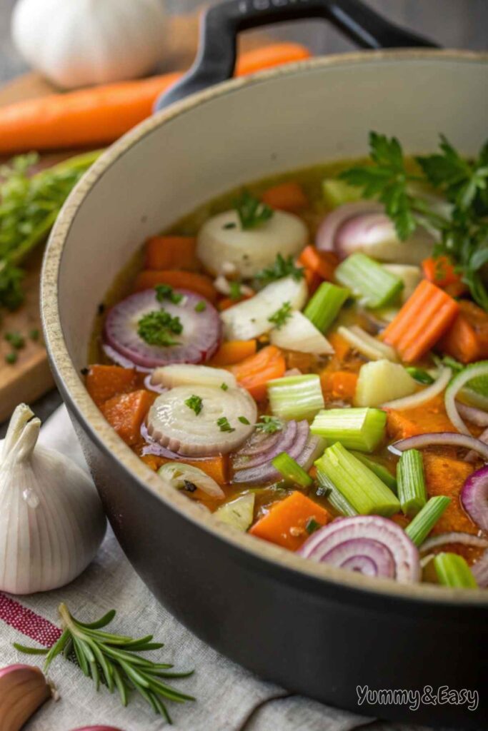 Onions, garlic, carrots, and celery being sautéed in a pot