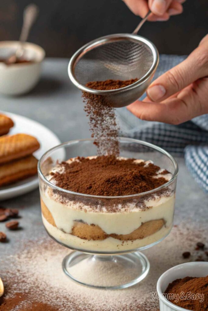 Layering ladyfingers and mascarpone for tiramisu