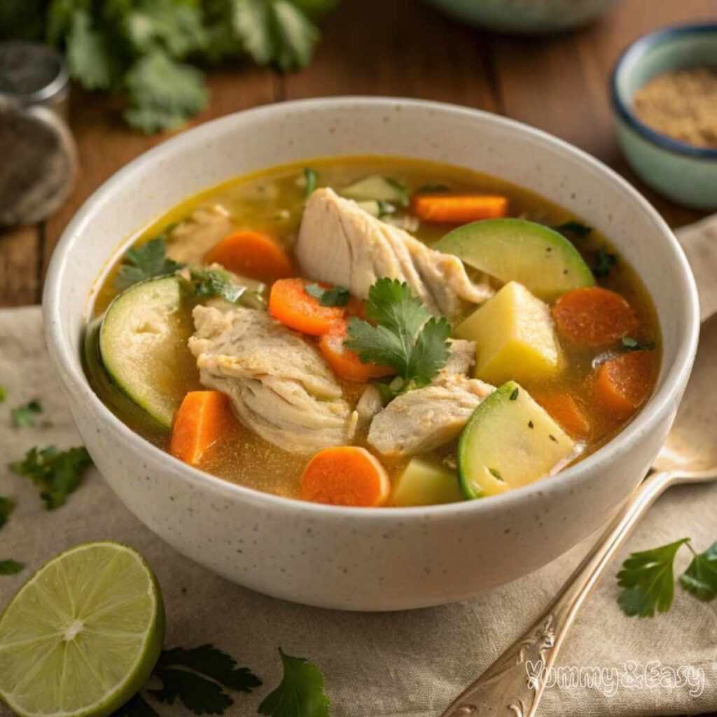 Caldo de Pollo Recipe with chicken and vegetables.