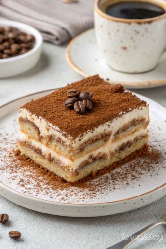 Classic tiramisu with espresso and cocoa powder