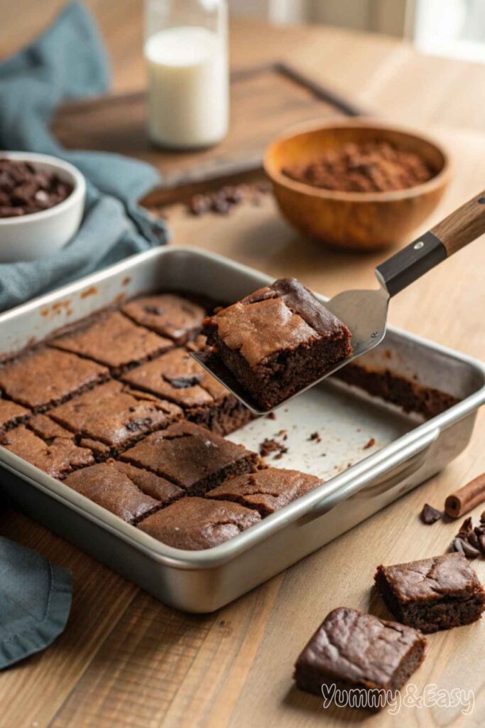 Freshly baked fudgy brownies with one lifted piece showing gooey texture.