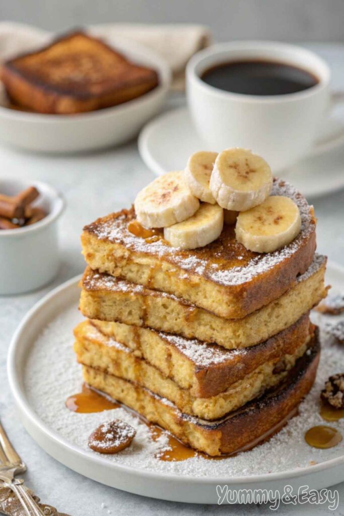 Banana bread French toast drizzled with syrup.