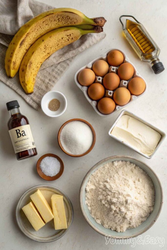 Ingredients for banana bread arranged on a kitchen counter.