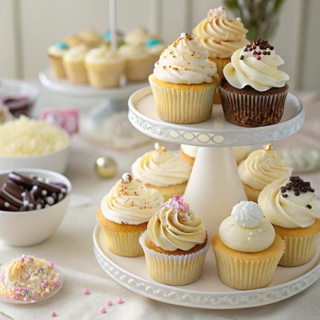 Piping vanilla buttercream onto a freshly baked cupcake.