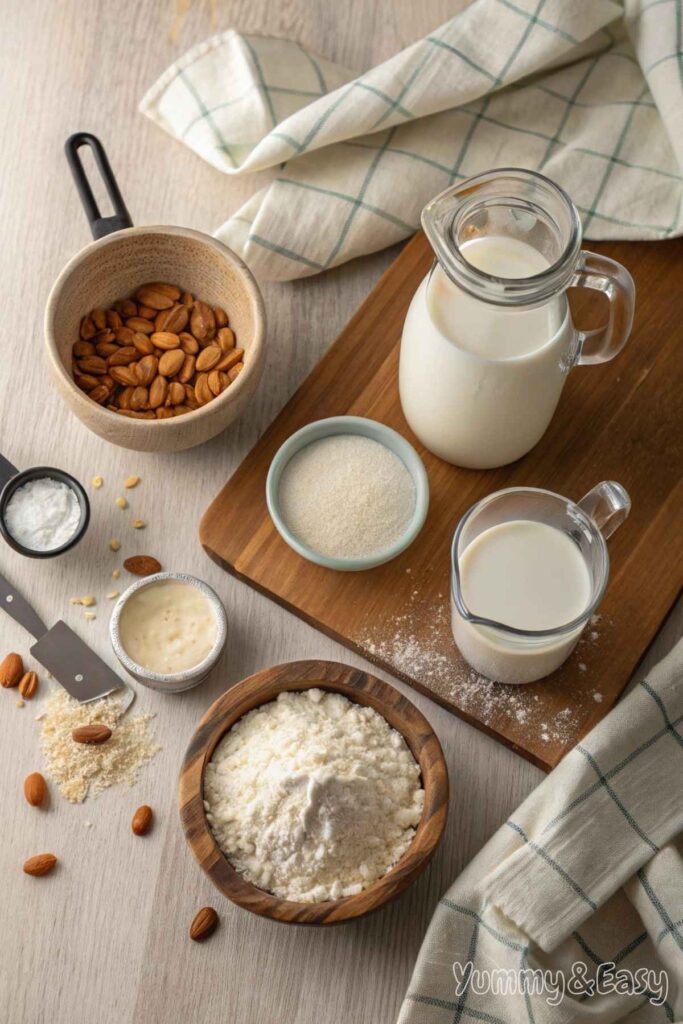 Dairy-free milk substitutes for pancakes on a kitchen counter