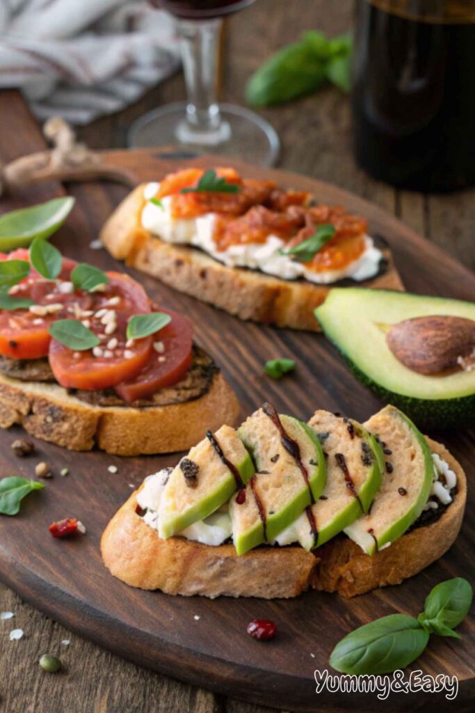 Variety of bruschetta recipes served on a rustic platter