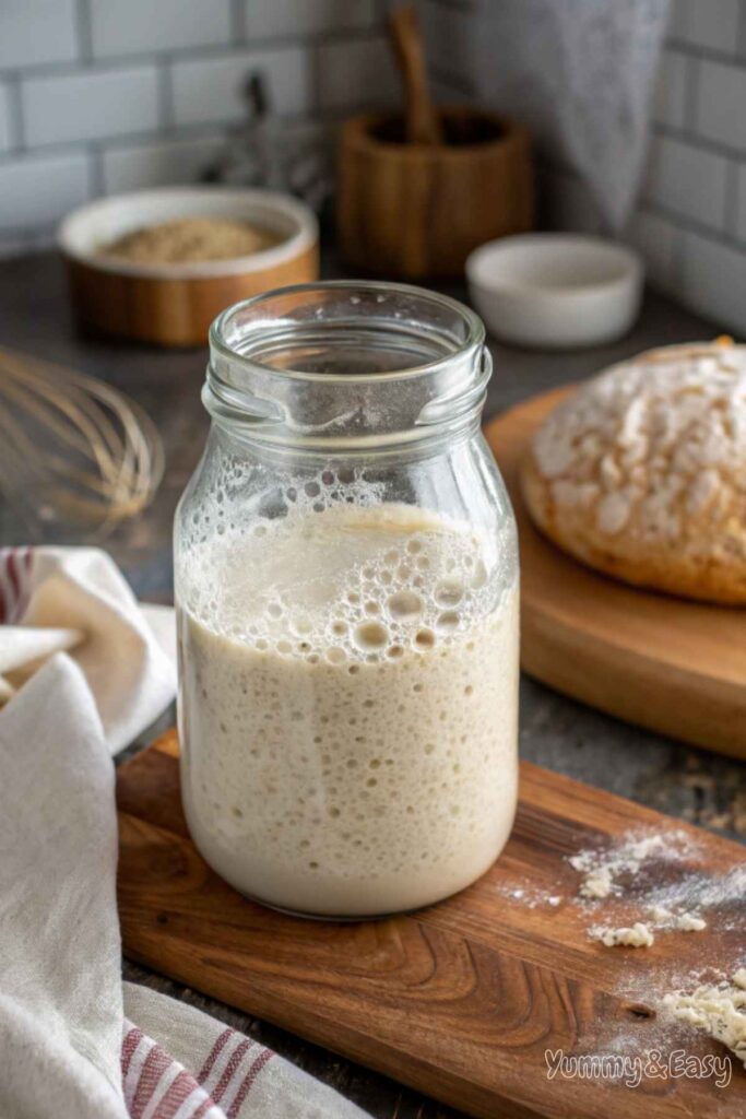 Active sourdough starter in a glass jar