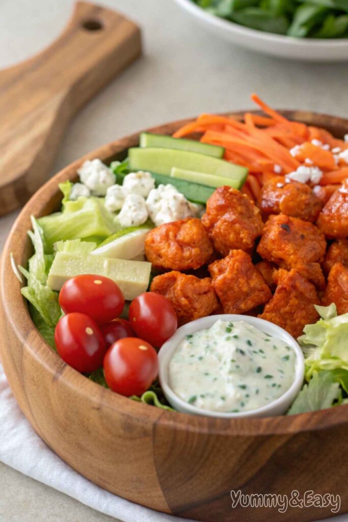 Buffalo Chicken Salad with ranch drizzle and fresh veggies.