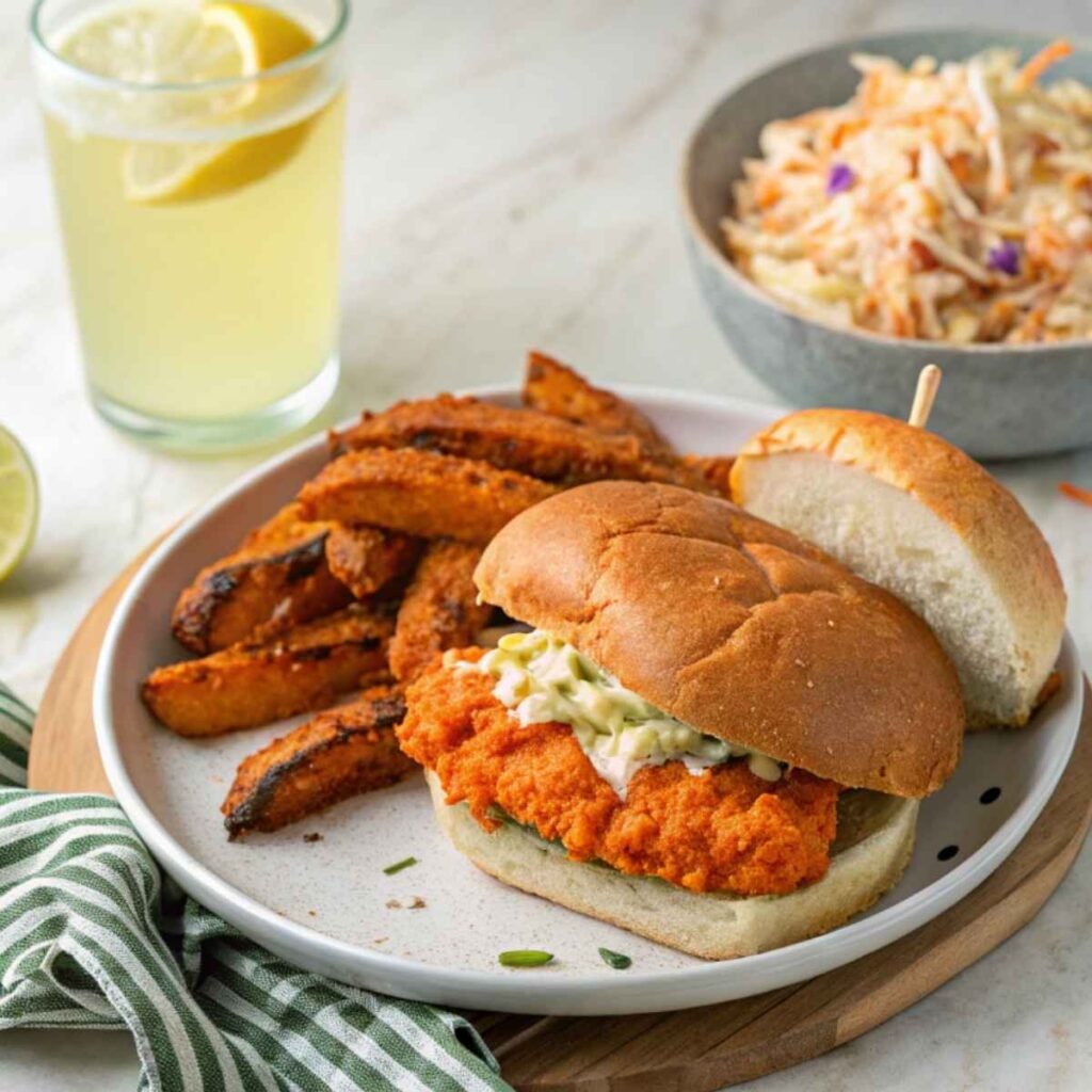 Buffalo Chicken Sandwich served with fries and coleslaw