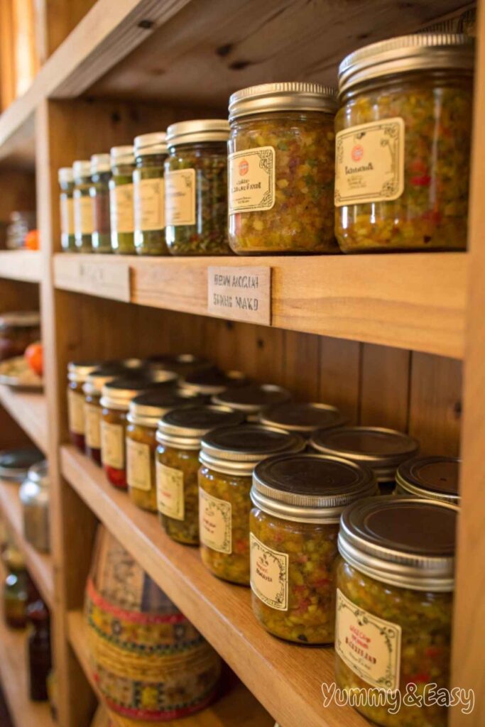 Glass jars of Chow Chow Relish stored on a pantry shelf