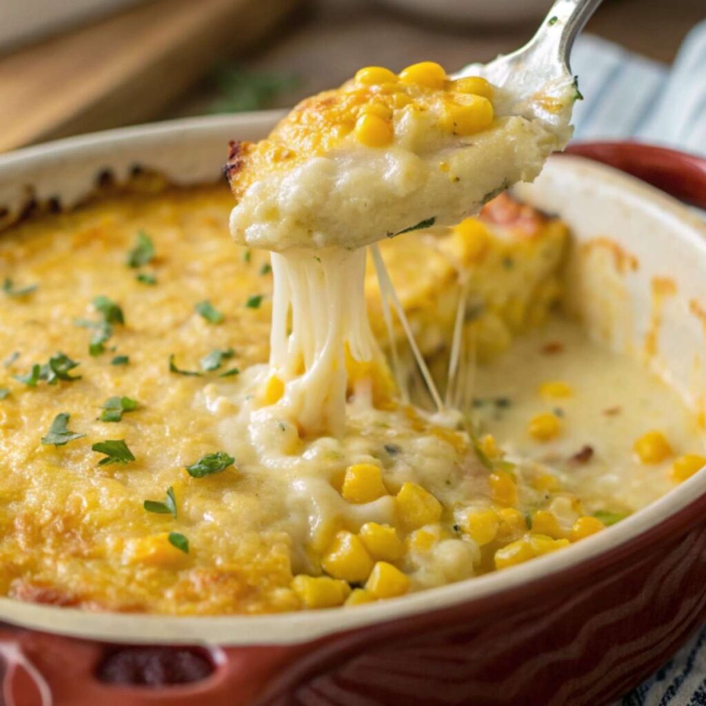 A rich, golden-baked cheesy corn dish with a perfect creamy texture.