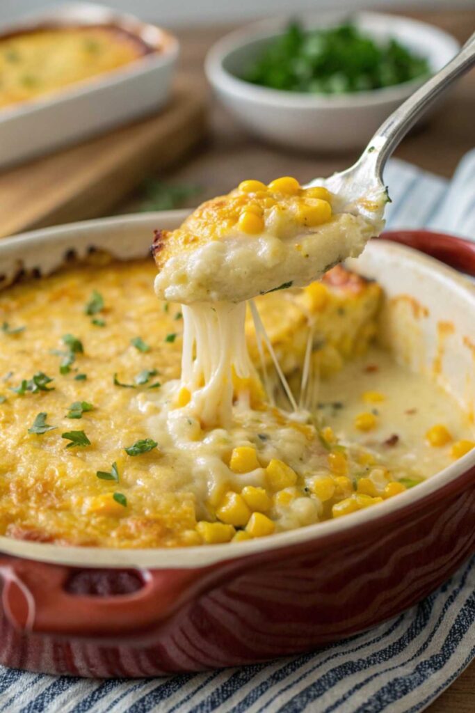 A spoon lifting gooey, cheesy corn casserole from a baking dish