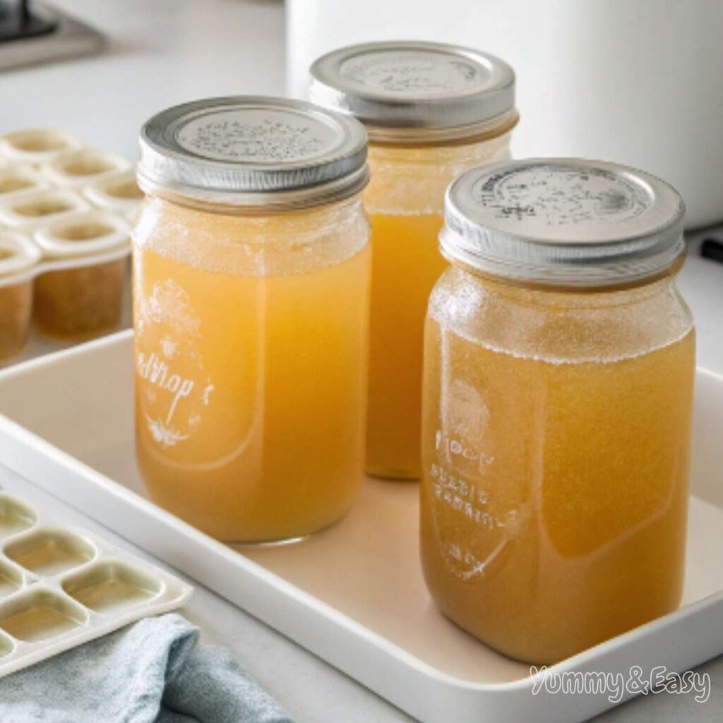 Freshly made chicken bone broth stored in labeled glass jar