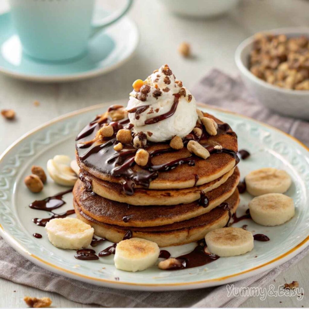 Chocolate chip pancakes with syrup, whipped cream, and fruit.