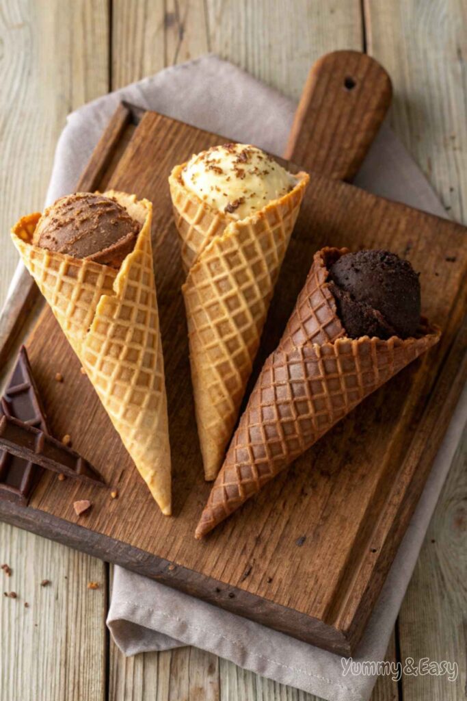 Variety of homemade waffle cones with different flavors