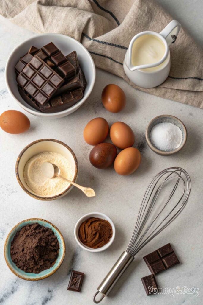 Chocolate mousse ingredients neatly arranged on a wooden counter