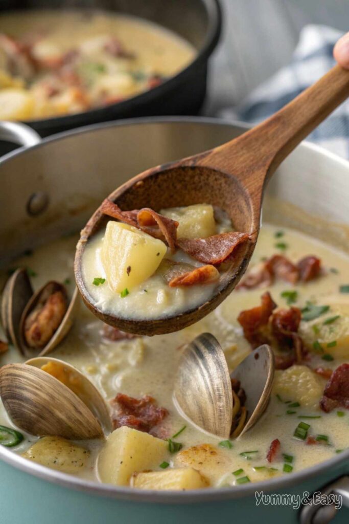 A wooden spoon lifting a spoonful of creamy clam chowder from a pot.