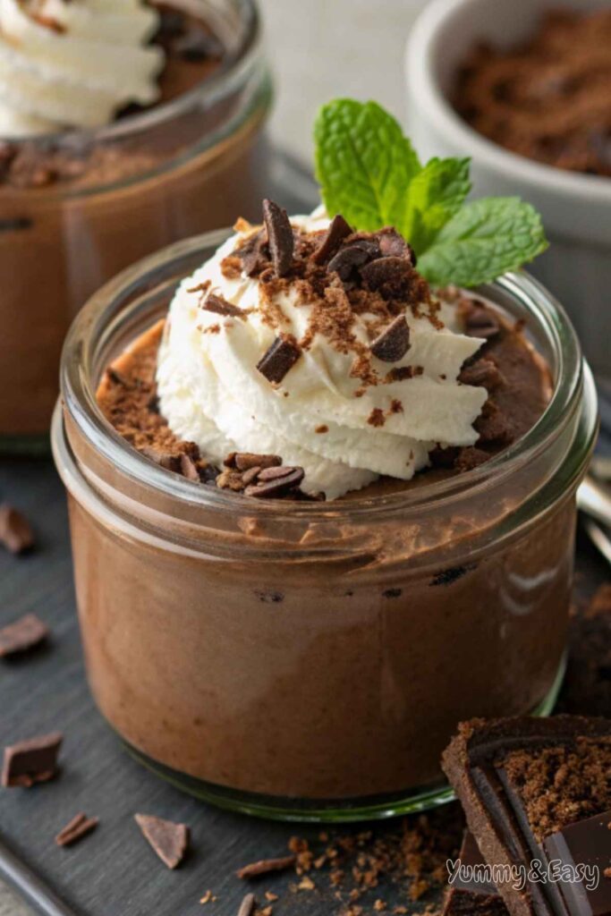 Chocolate mousse served in a glass jar with whipped cream and chocolate curls