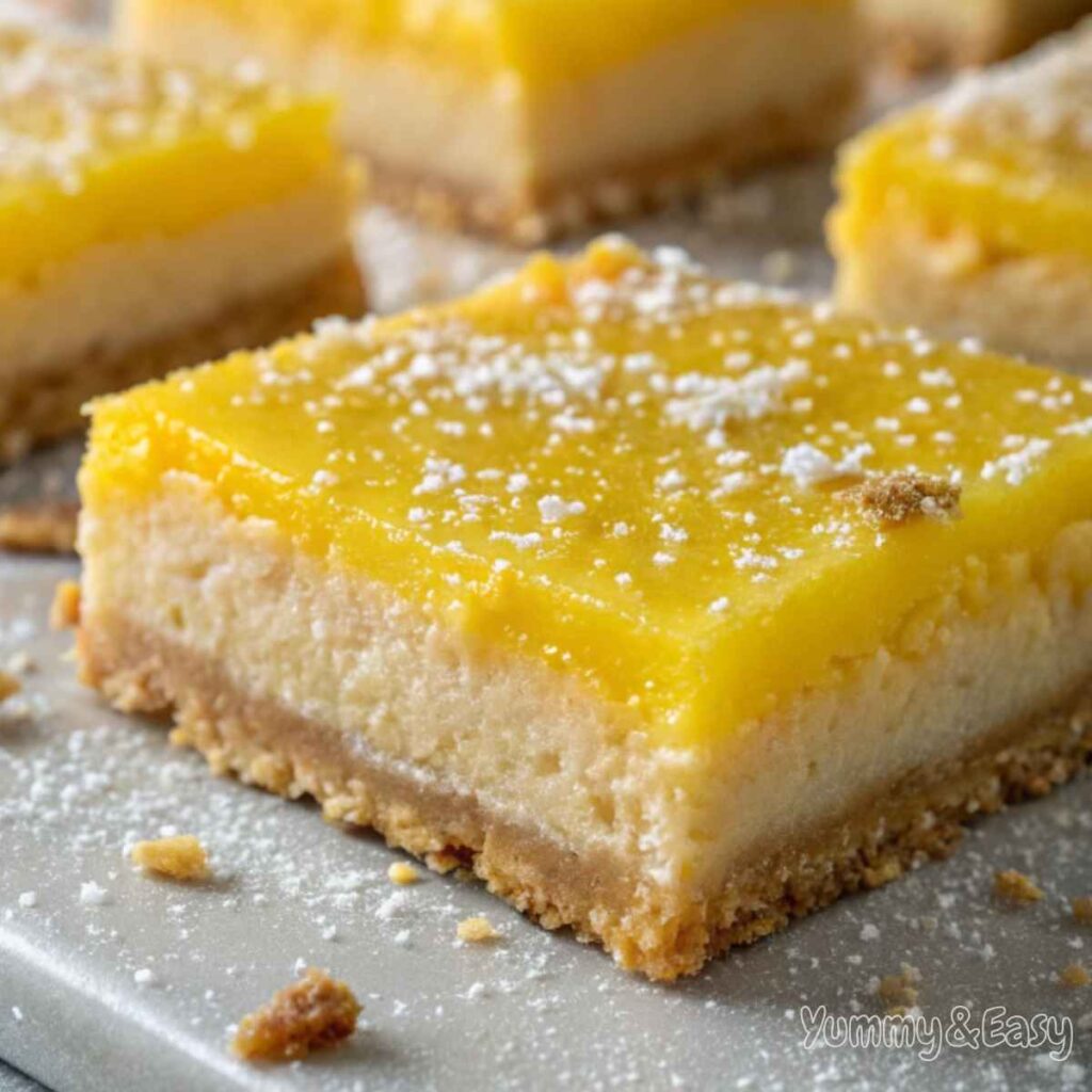 Lemon Bars Recipe dusted with powdered sugar on a wooden tray