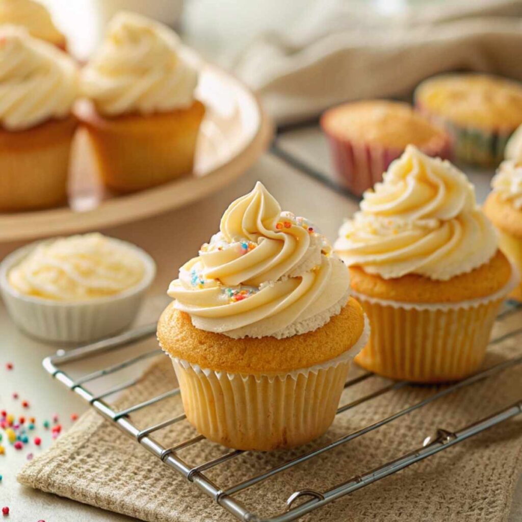 Freshly baked vanilla cupcakes with buttercream frosting.