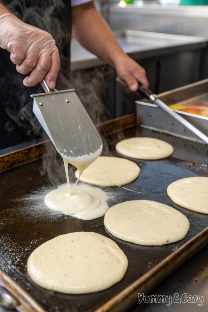 Pouring pancake batter onto a griddle for cooking