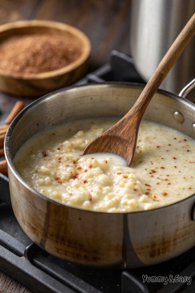 Stovetop rice pudding being stirred with a wooden spoon