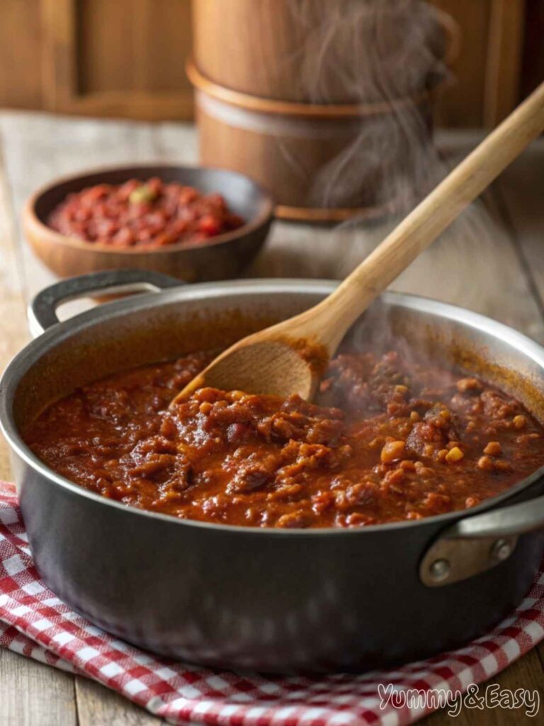 Saucy sloppy joe mixture simmering in a pan.