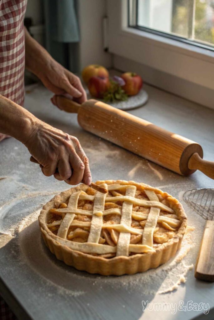 Baker assembling a lattice crust for apple pie