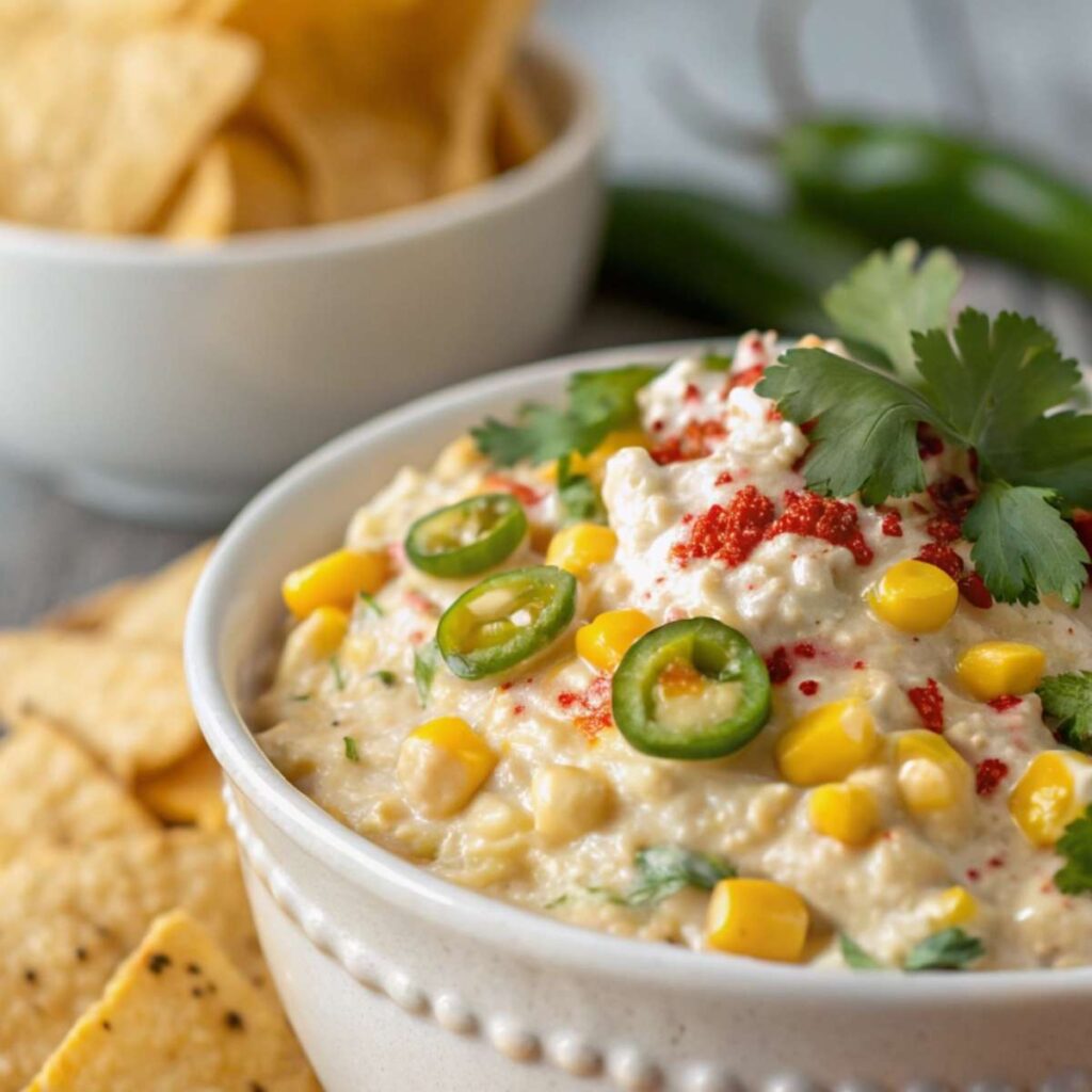 Creamy elote dip in a bowl with tortilla chips and fresh cilantro