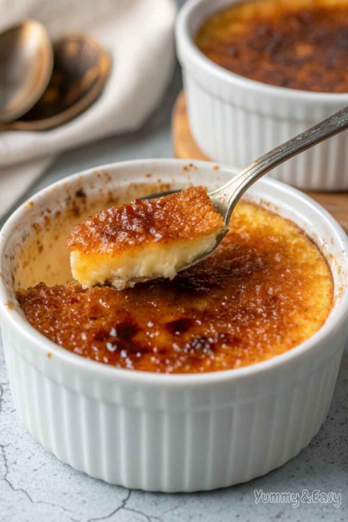 Close-up of a classic crème brûlée recipe with a caramelized top being cracked by a spoon.