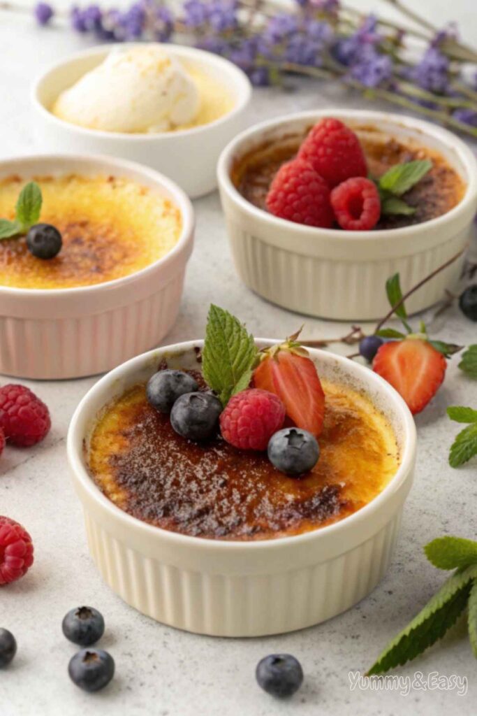 Different flavors of crème brûlée in ramekins, including vanilla, chocolate, raspberry, and lavender.