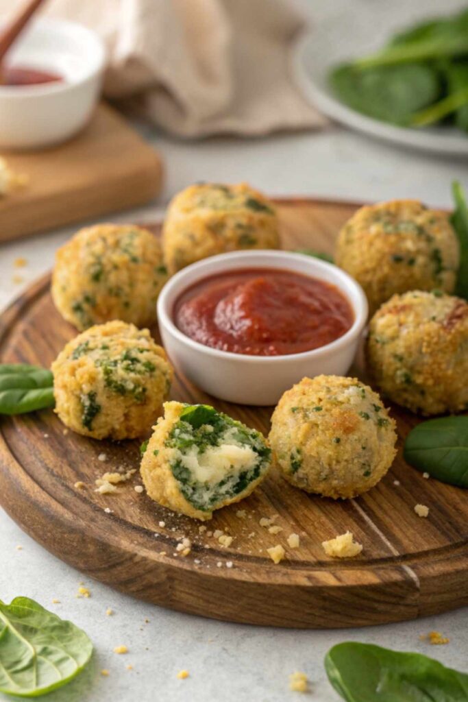 Crispy spinach balls recipe served with marinara sauce