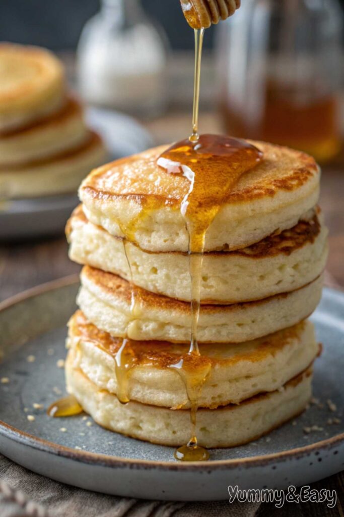 Fluffy pancakes without milk stacked with syrup and berries