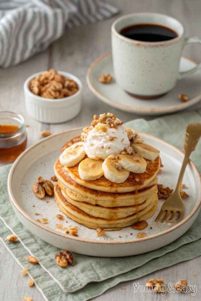 Pancakes with honey, bananas, and dairy-free whipped cream