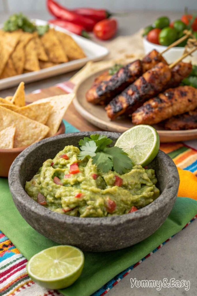 Guacamole served with tortilla chips, veggies, and tacos.