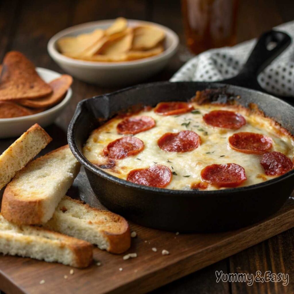 Cheesy pizza dip in a skillet with pepperoni and toasted bread