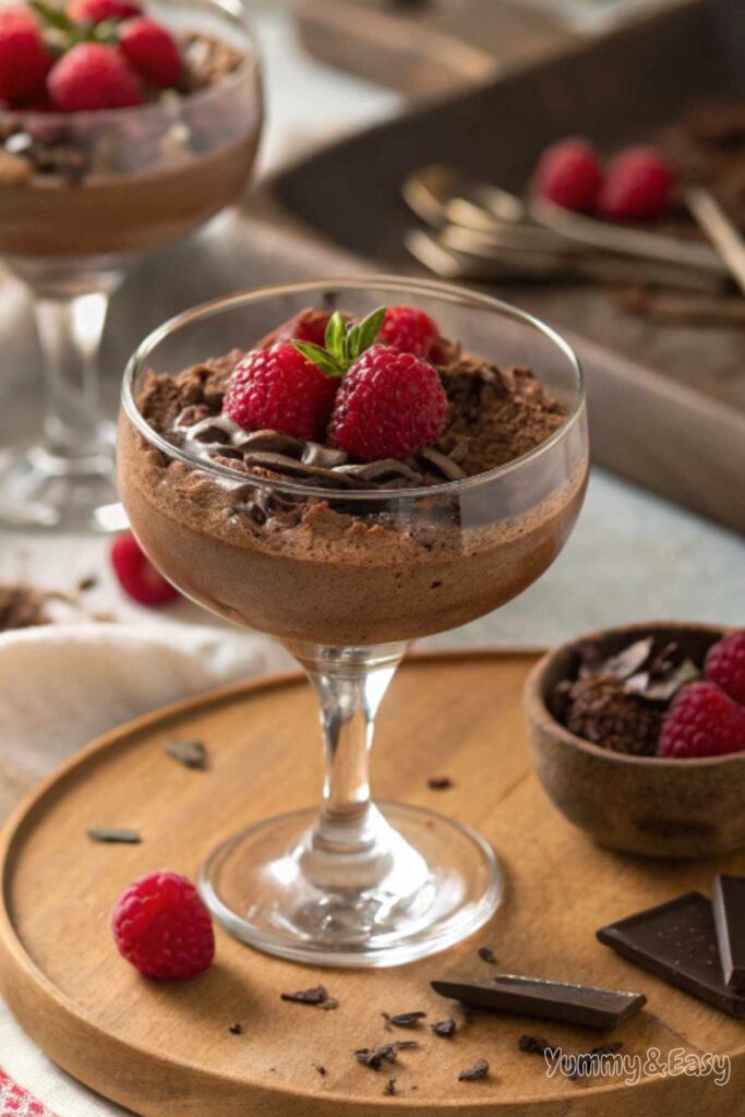 Decadent chocolate mousse topped with raspberries and chocolate shavings