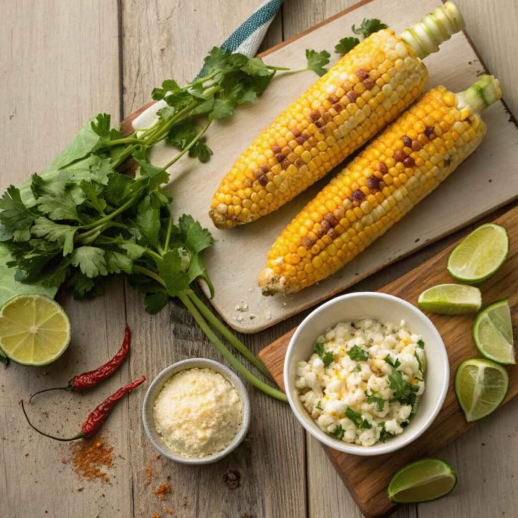 Fresh ingredients for elote dip arranged on a wooden surface