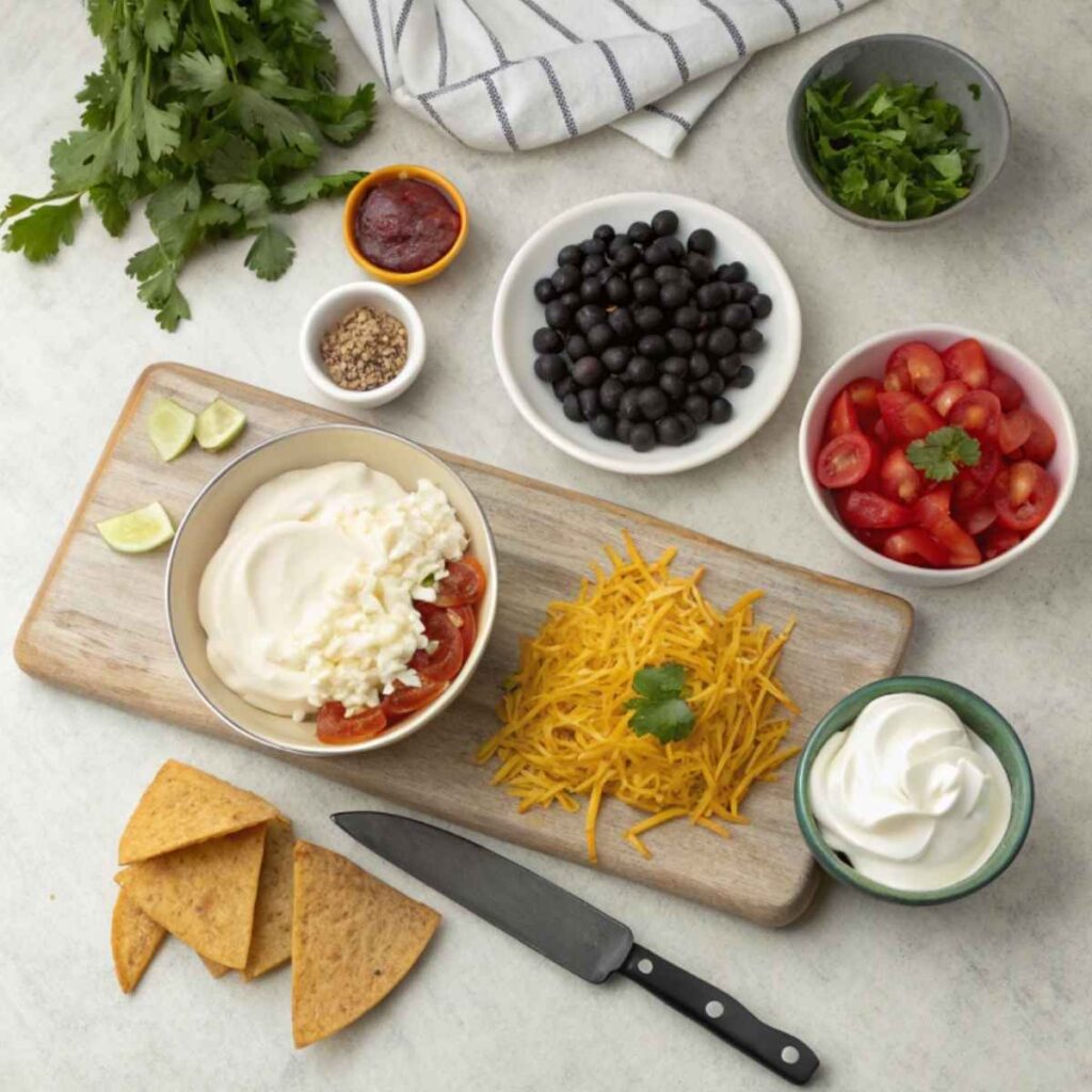 Fresh ingredients for making a taco dip, including sour cream, cheese, tomatoes, and spices.