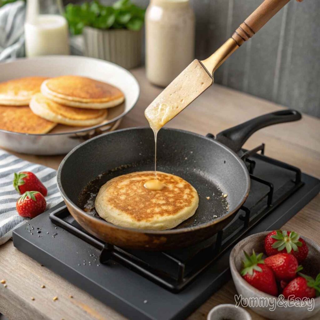 Pancakes cooking in a non-stick pan, being flipped