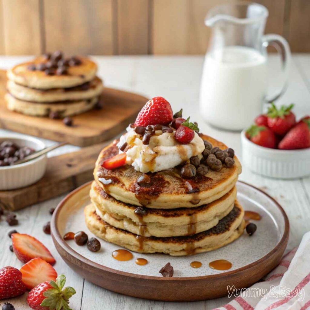 Stack of golden chocolate chip pancakes recipe with syrup and butter.