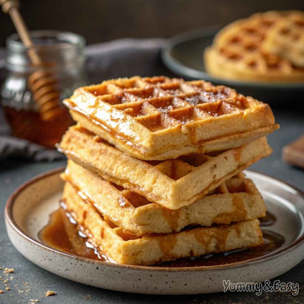 Golden crispy Krusteaz waffle with syrup and berries.