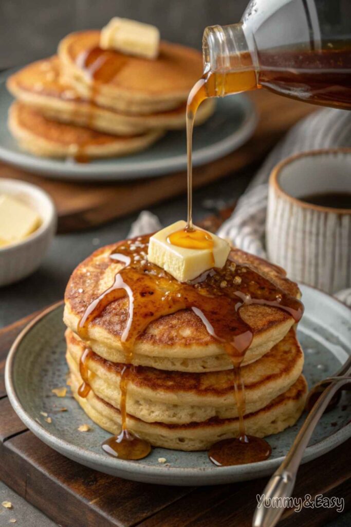 Stack of sourdough pancakes with butter and syrup